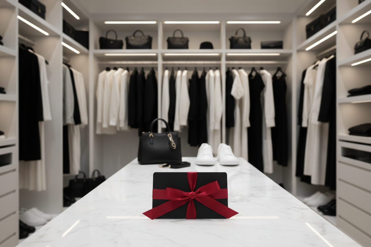 ALL OF THE CLOTHING IN THE ROOM IS BLACK OR WHITE