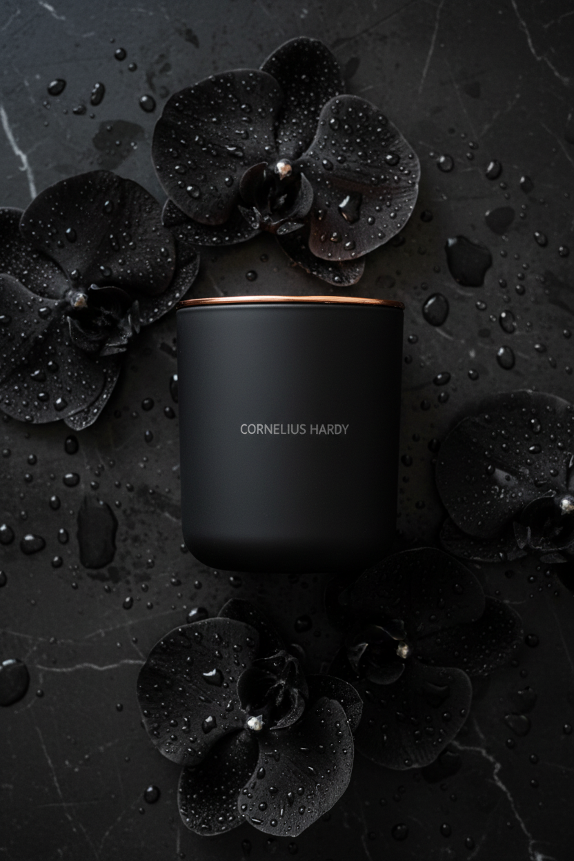 Black candle with copper rim on a dark background with black orchids covered in water drops.