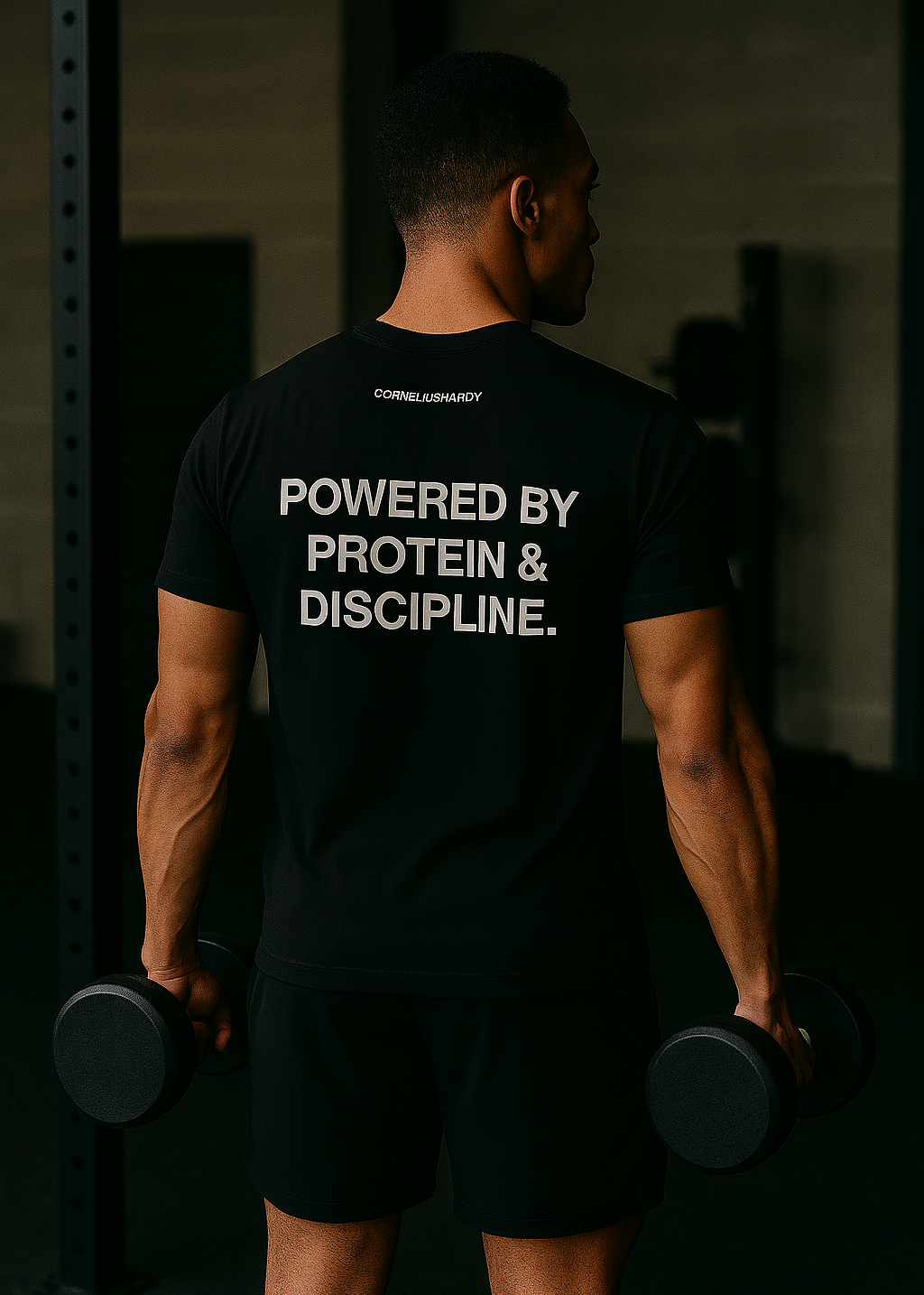 Person lifting weights with a motivational message on their shirt in a gym setting