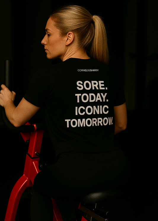 Person wearing a black t-shirt with motivational text, sitting on a red exercise bike against a dark background.