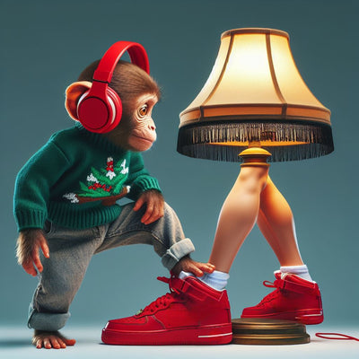 Monkey wearing a sweater and headphones next to a lamp with red shoes on a gray background