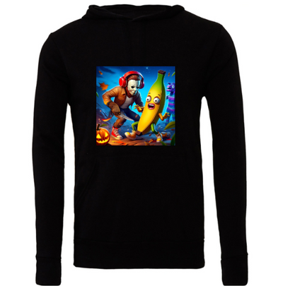 Black hoodie with a colorful graphic of a character and a banana on a white background