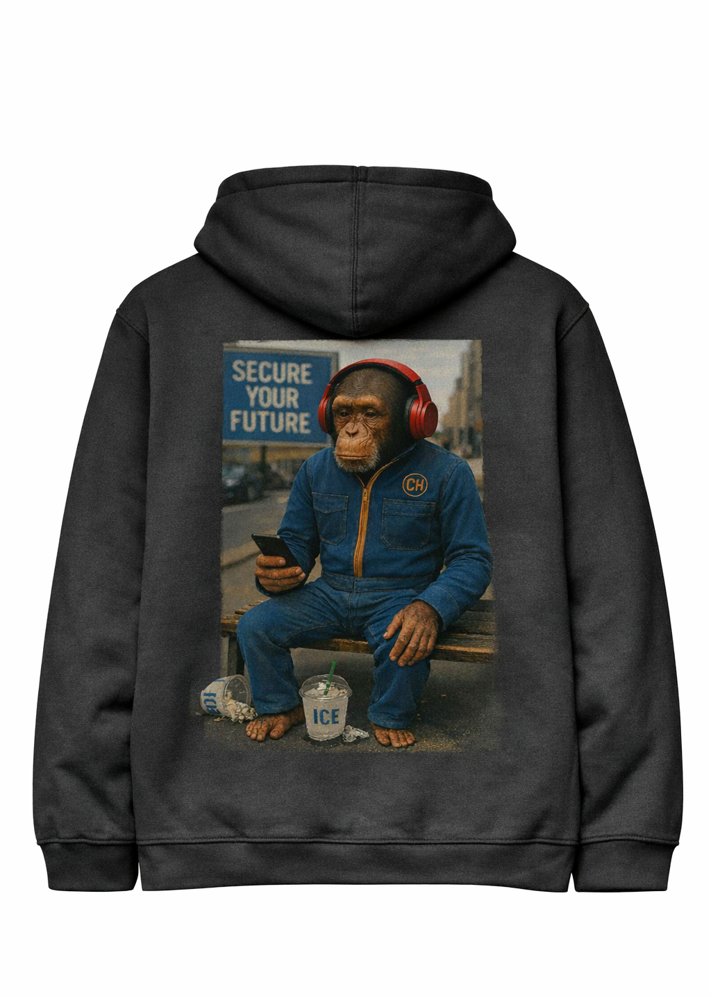 Black hoodie with a graphic of a chimpanzee wearing headphones and using a phone, set against a white background.