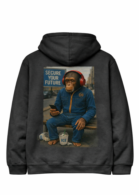 Black hoodie with a graphic of a chimpanzee wearing headphones and using a phone, set against a white background.