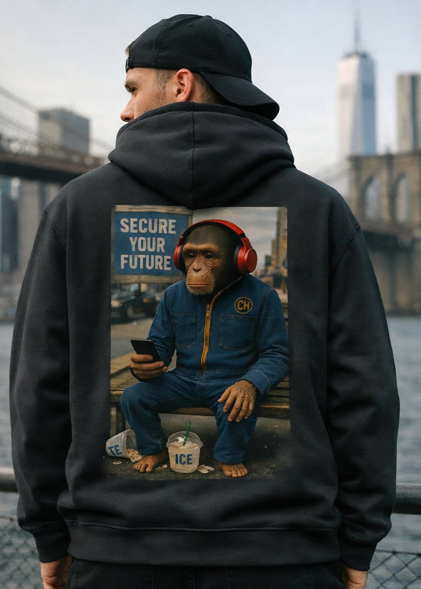 Person wearing a black hoodie with a graphic of a person in headphones and a monkey on a bench, with a cityscape in the background.