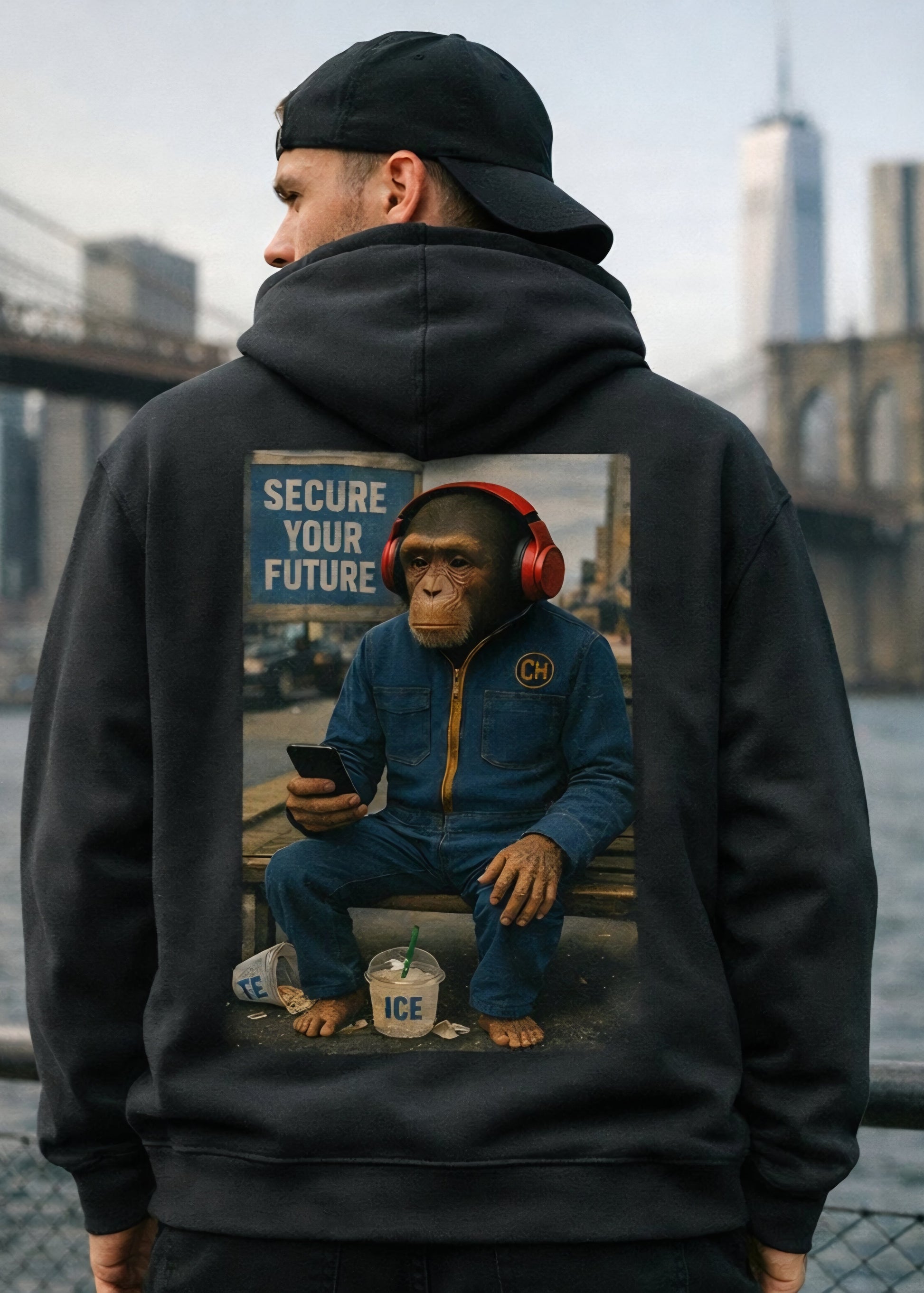 Person wearing a black hoodie with a graphic of a person in headphones and a monkey on a bench, with a cityscape in the background.