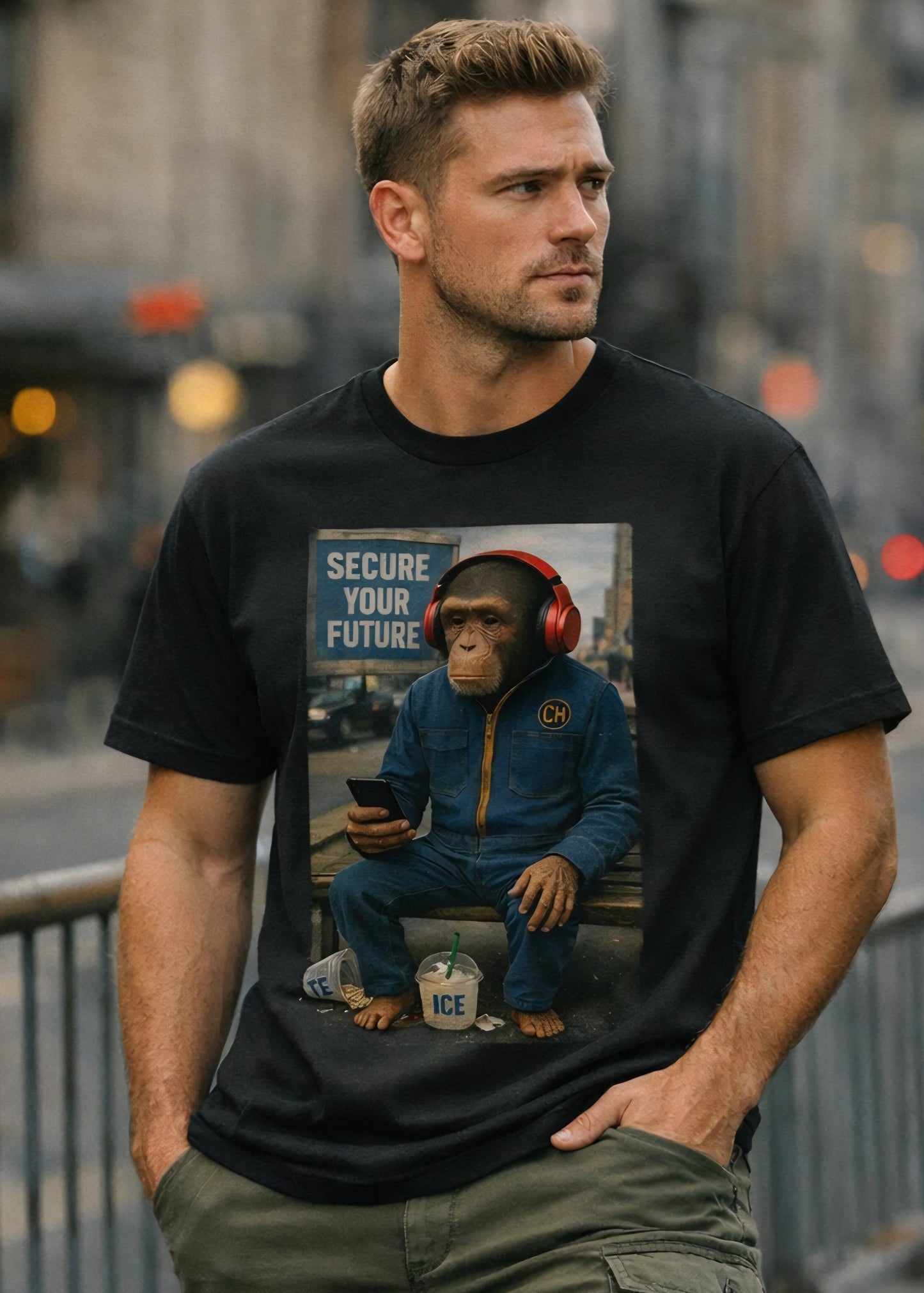 Man wearing a black t-shirt with a graphic of a chimpanzee in a suit and headphones.