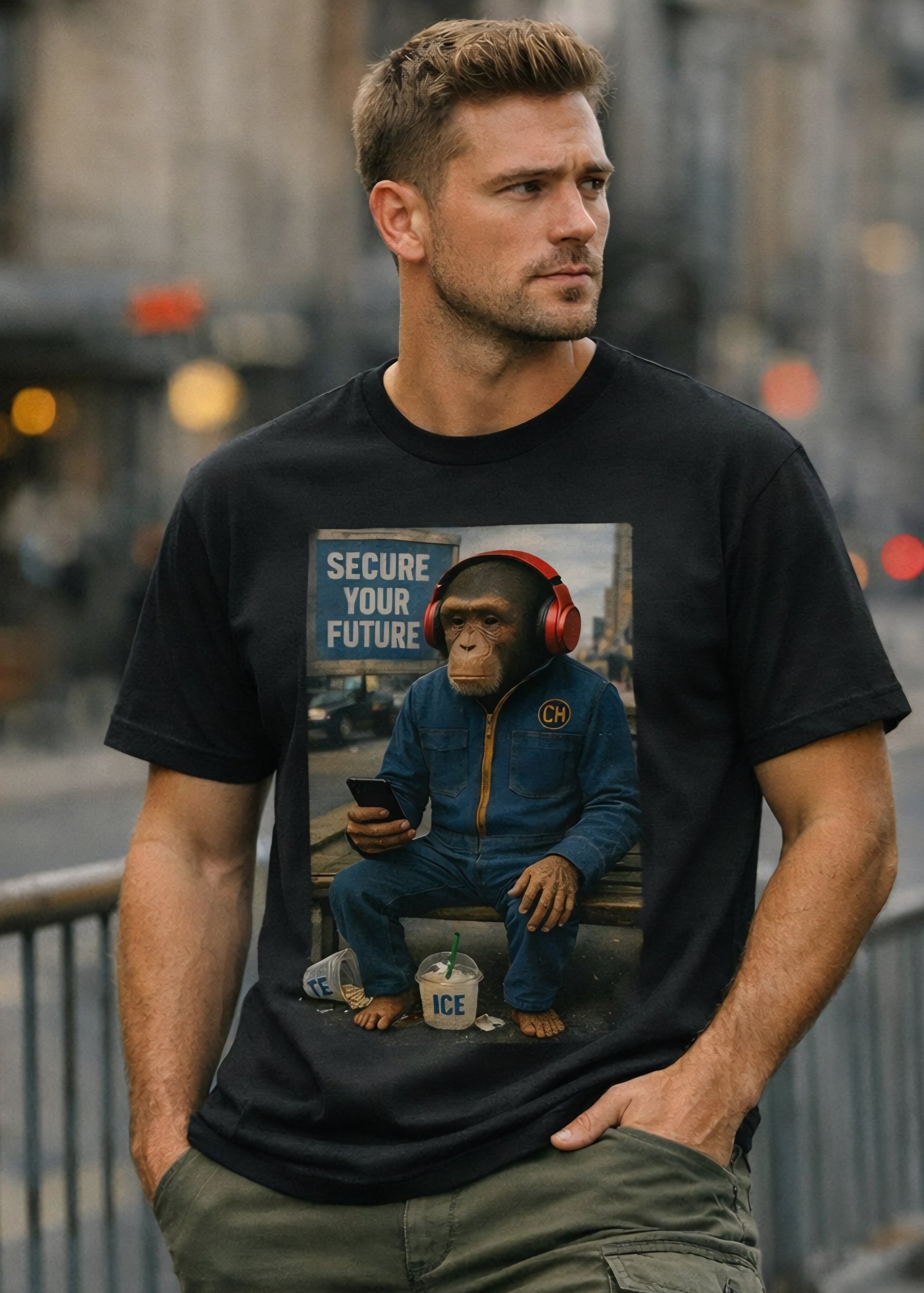 Man wearing a black t-shirt with a graphic of a chimpanzee in a suit and headphones.