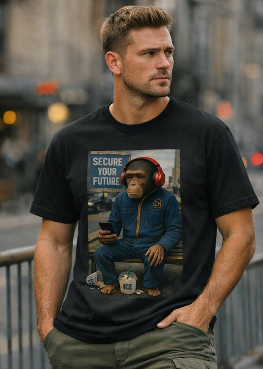 Man wearing a black t-shirt with a graphic of a chimpanzee in a suit and headphones.