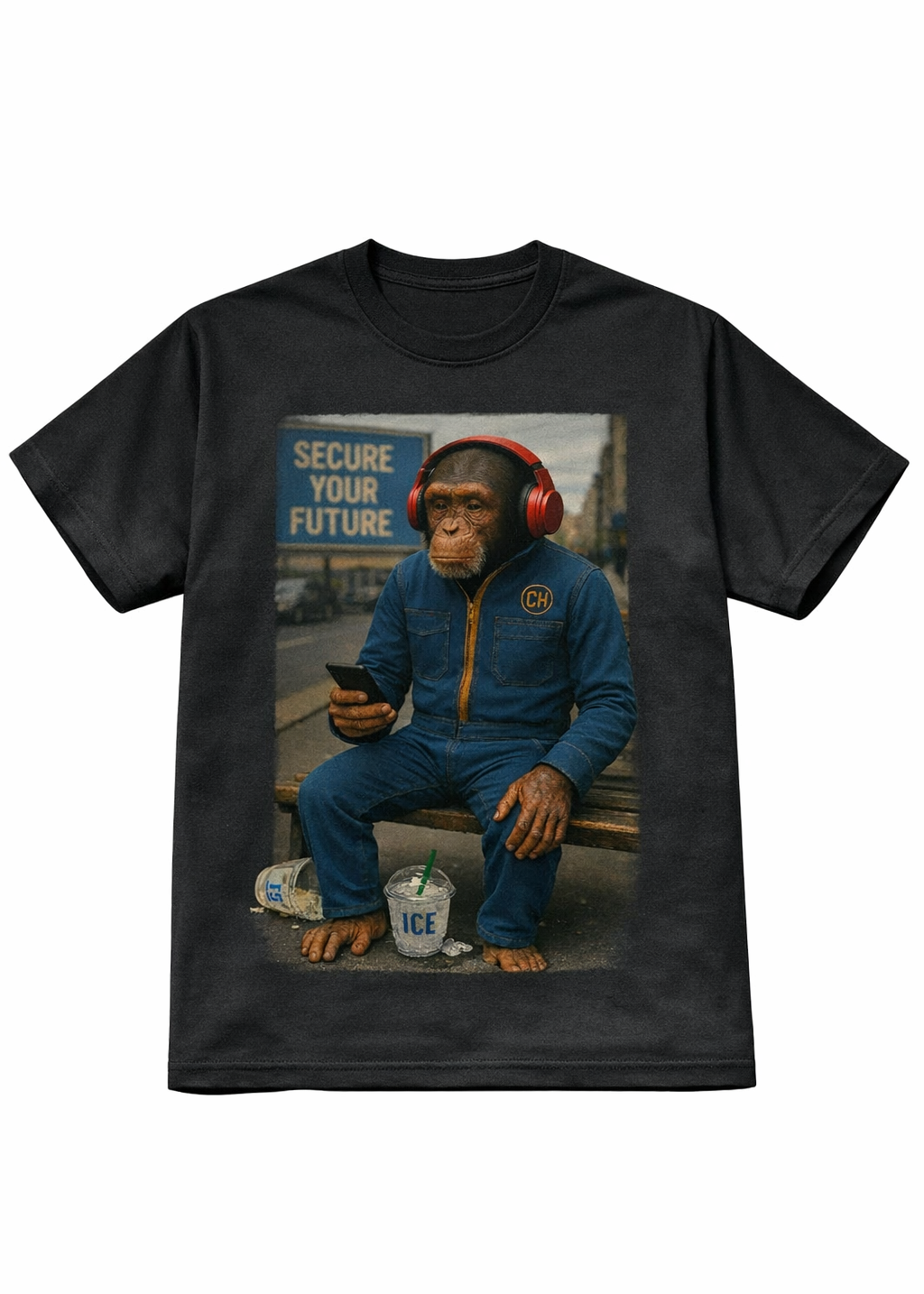 Black t-shirt with a graphic of a monkey wearing headphones and using a phone, set against a white background.