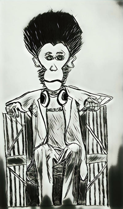 Cartoonish drawing of a character with spiky hair and a suit sitting on a chair.