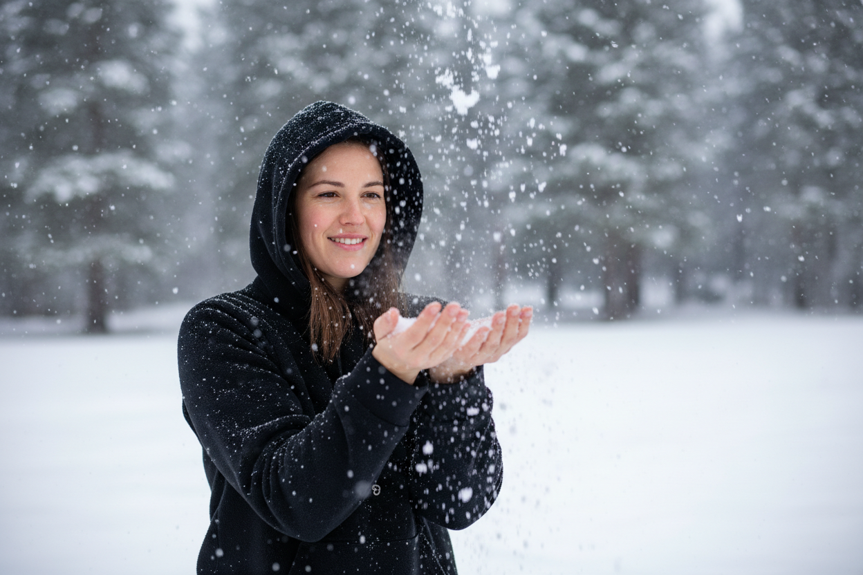 make her hands reaching out in front of her catching snow as it falls