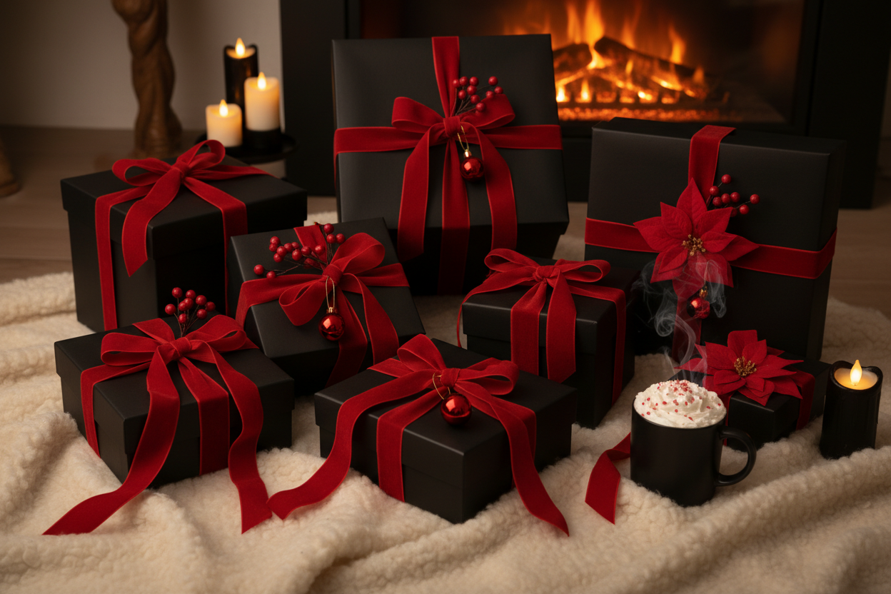 warm and cozy gift boxes. They are black with red accents.